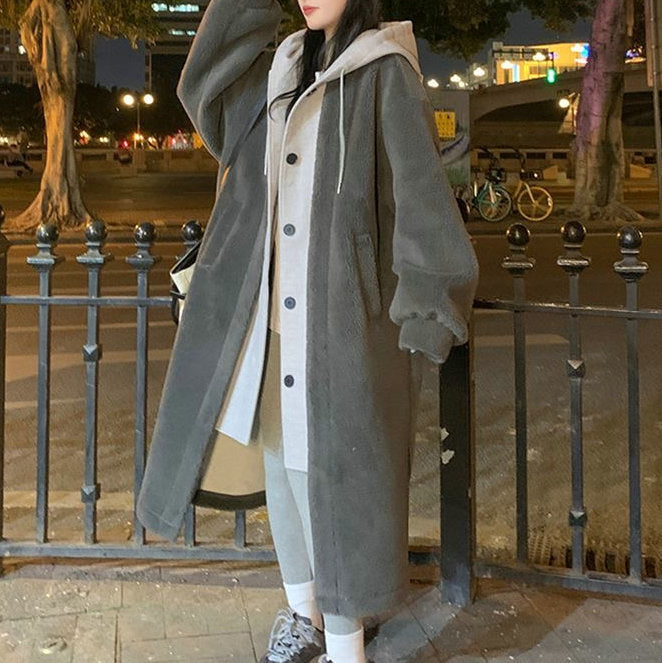 Long Hooded Dress Coat Lambswool All-match Loose Fashionable Jacket LuxuryLifeWay Online Store