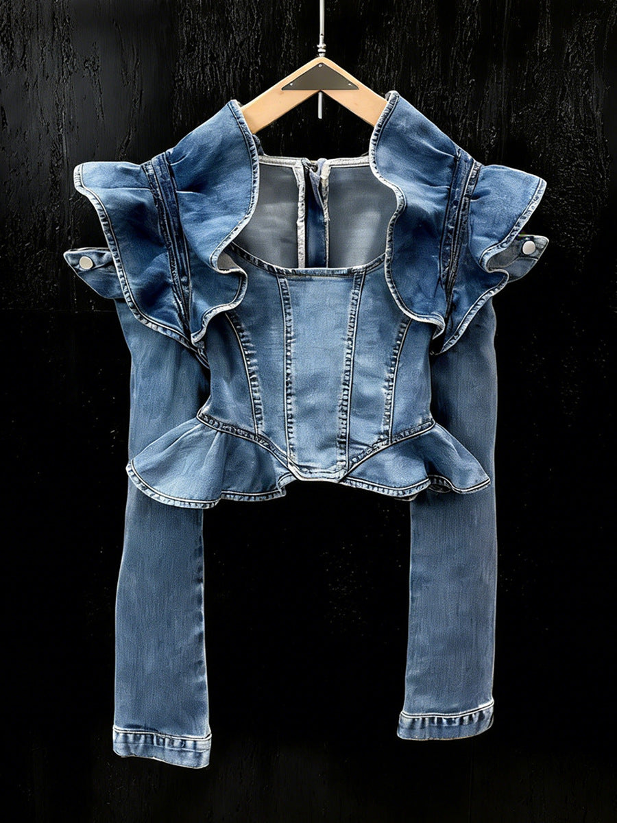 Long-sleeved Cropped Denim Jacket With Ruffled Hem NorixaFashion.com
