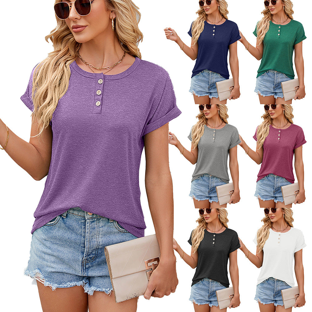 Solid Color Round Neck Button Short Sleeve T-Shirt New Summer Loose Top For Womens Clothing