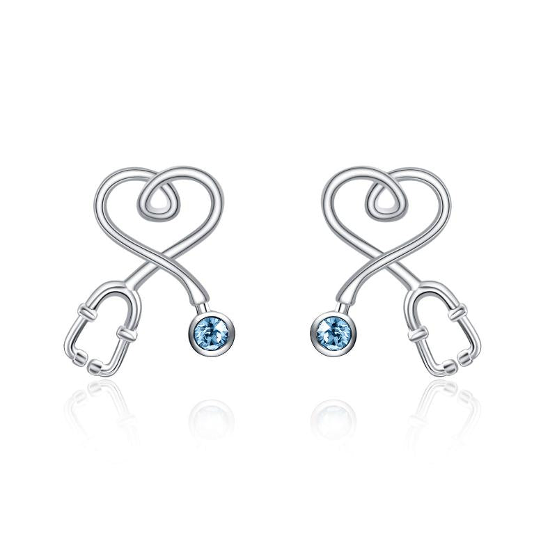 Sterling Silver Nurse Stethoscope with Blue Crystal Stud Earrings Jewelry Studs LadyShow.Store