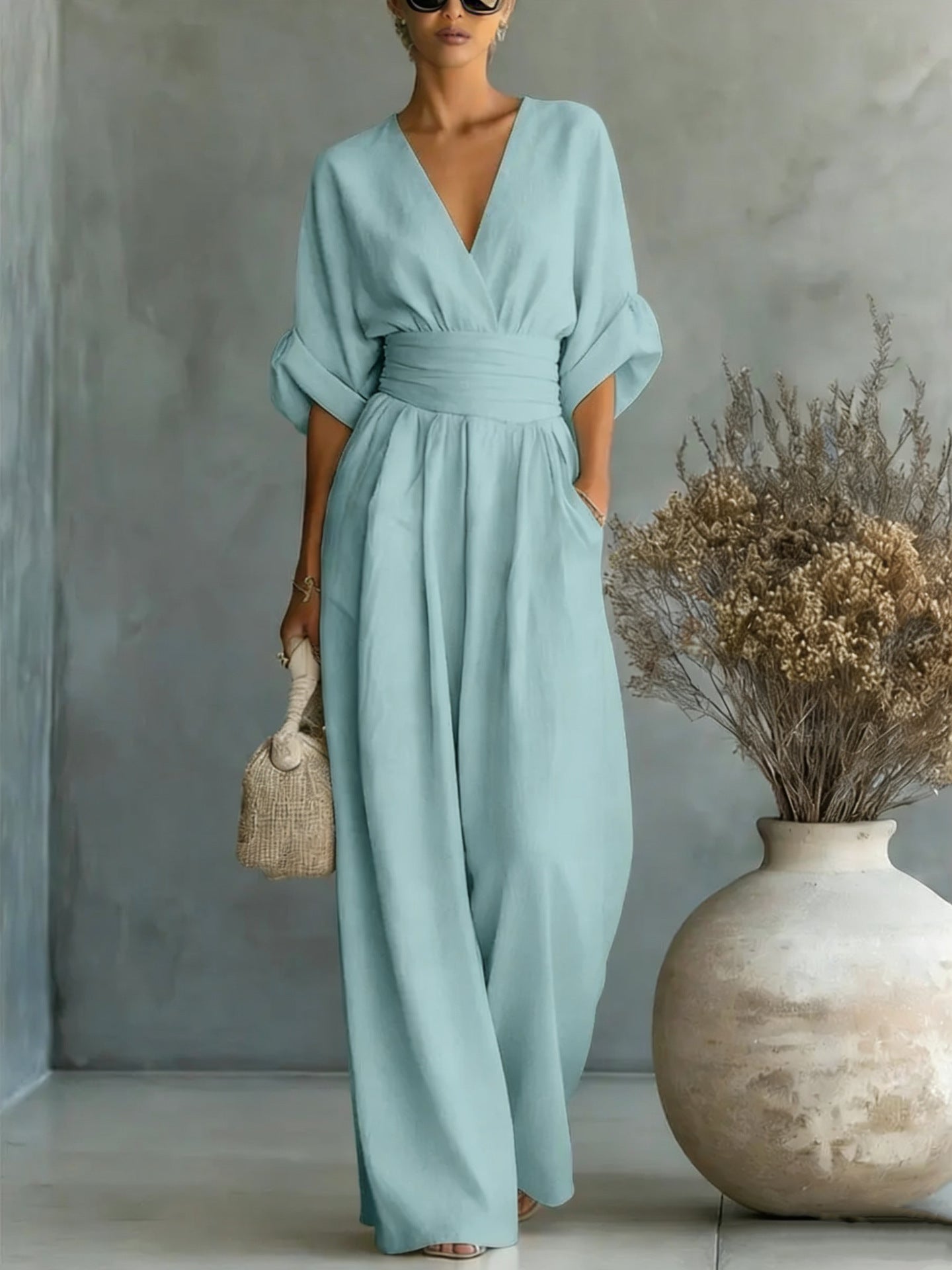 Summer Short-sleeved Jumpsuit Fashion Casual V-Neck Wide-Leg Pants Womens Clothing LadyShow.Store