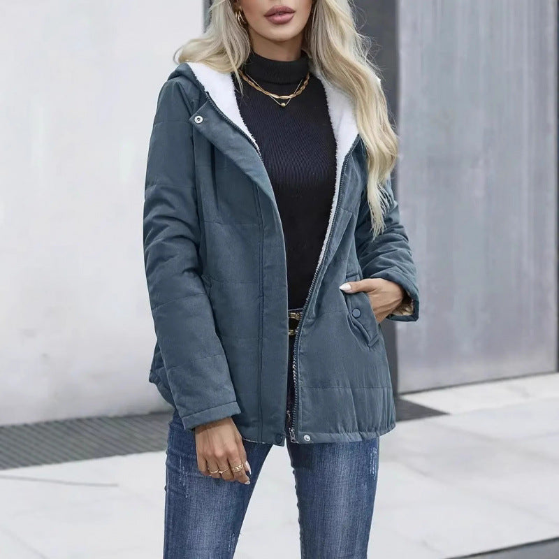 Fleece-lined Hooded Coat Winter Preppy Style Long Sleeve Jacket Warm Pockets Cotton Coat Women's Clothing LadyShow.Store