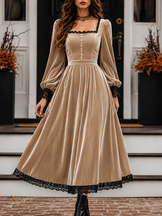 Square-neck Lace-panel Velvet Dress NorixaFashion.com
