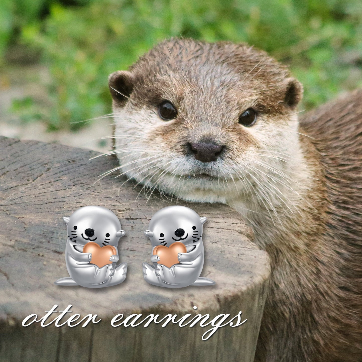 Sea Otter With Heart Earrings Sterling Silver Animal Stud Earrings Otter Earrings LadyShow.Store