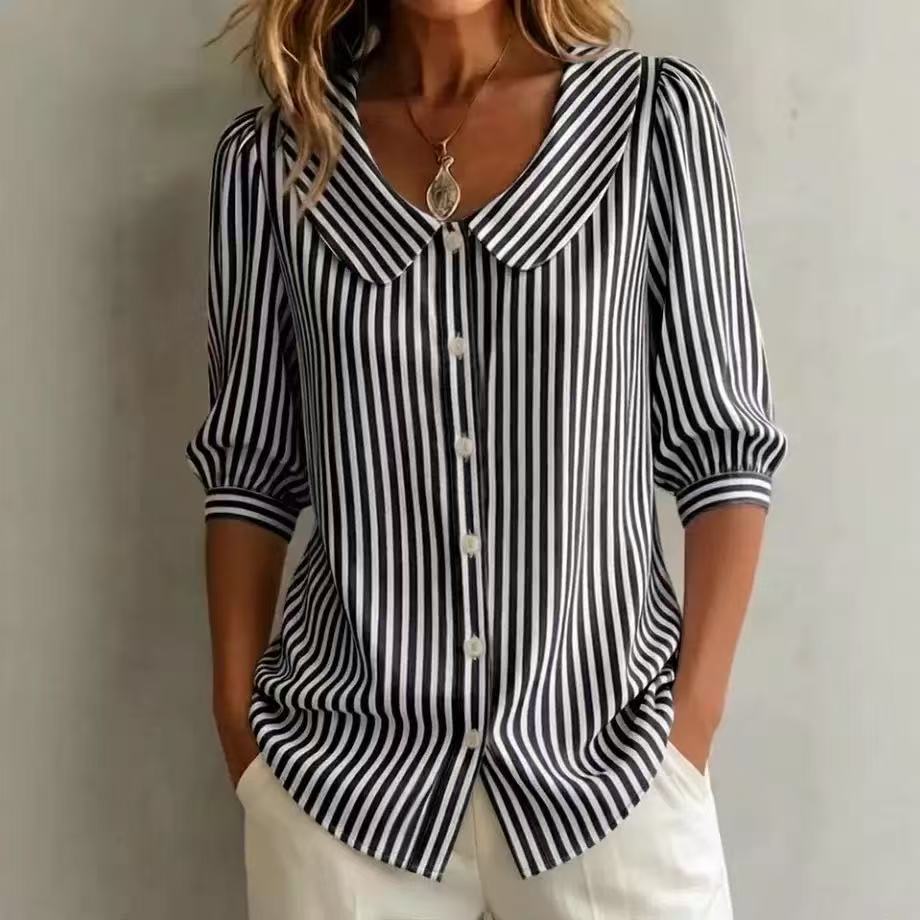Mid-sleeve Striped V-neck Shirt Top T-shirt Womens Clothing LadyShow.Store
