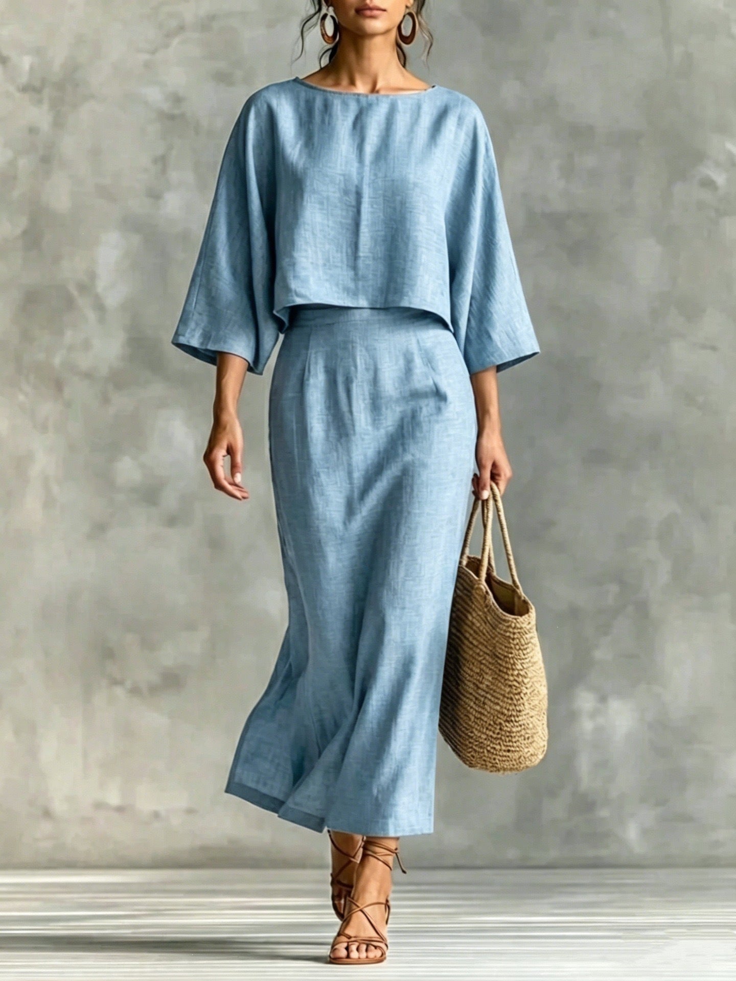 High Waisted Long Skirt Set With A Round Neck Three Quarter Sleeved Loose Fitting Womens Top NorixaFashion.com