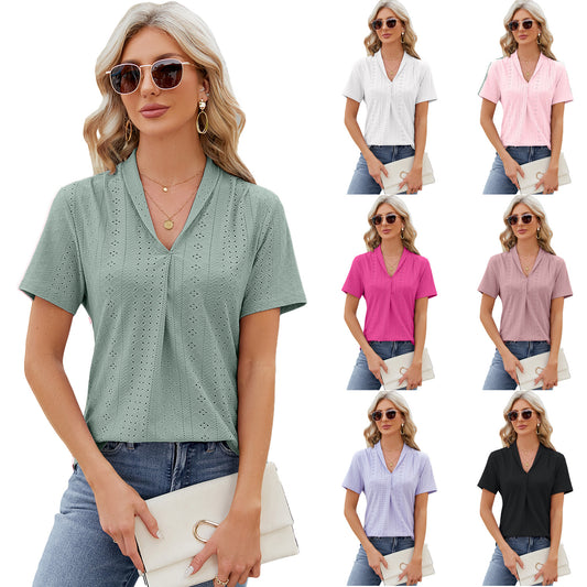 V-neck Hollow Design T-shirt Summer Loose Short-sleeved Top For Womens Clothing