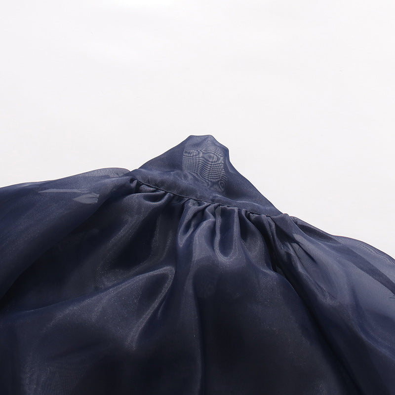 Navy Organza Bow Neck Drawstring Waist Sheer Long Sleeve Blouse NorixaFashion.com