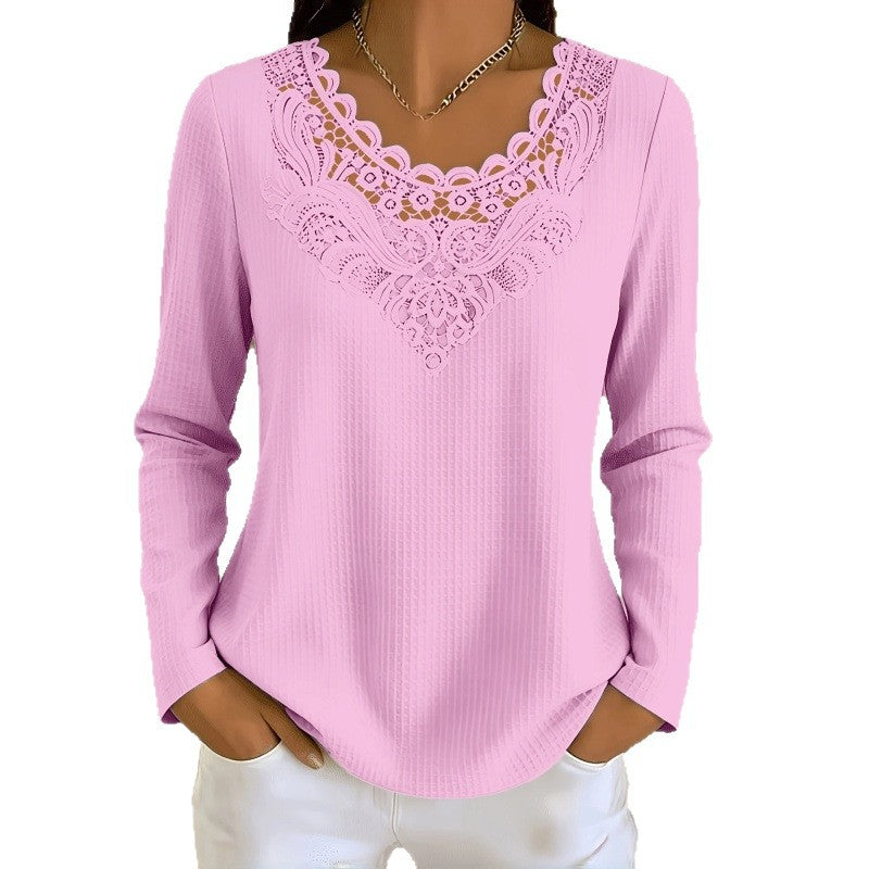 New Lace-panel Womens Long-sleeve Top NorixaFashion.com