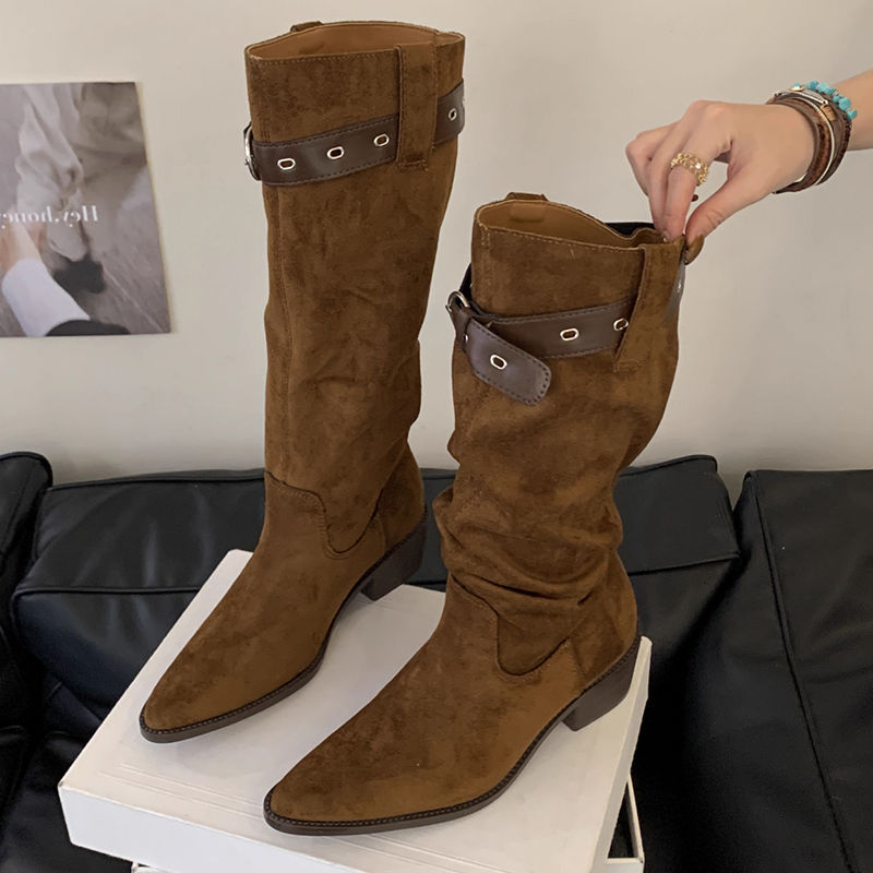 Western Cowboy Mid-calf Thick Heel Pointed Toe High Fold Stack Boots LadyShow.Store
