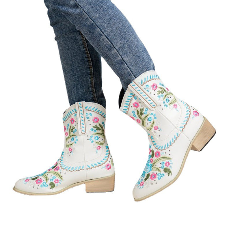 Ethnic Style Female Embroidered Flowers European And American Mid-tube Western Boots LadyShow.Store