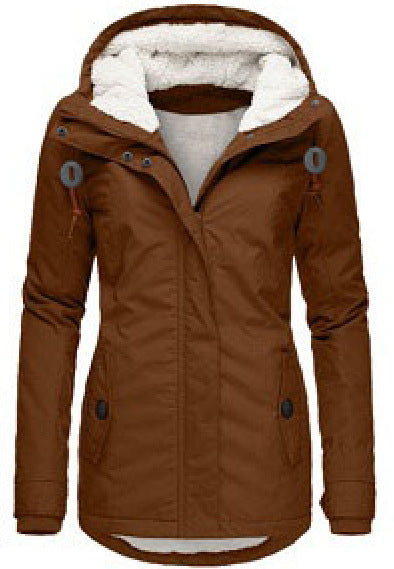 Winter Hooded Jacket Solid Color Warm Buckle Zip-up Fleece Jacket With Pockets Women's Casual Jacket LadyShow.Store