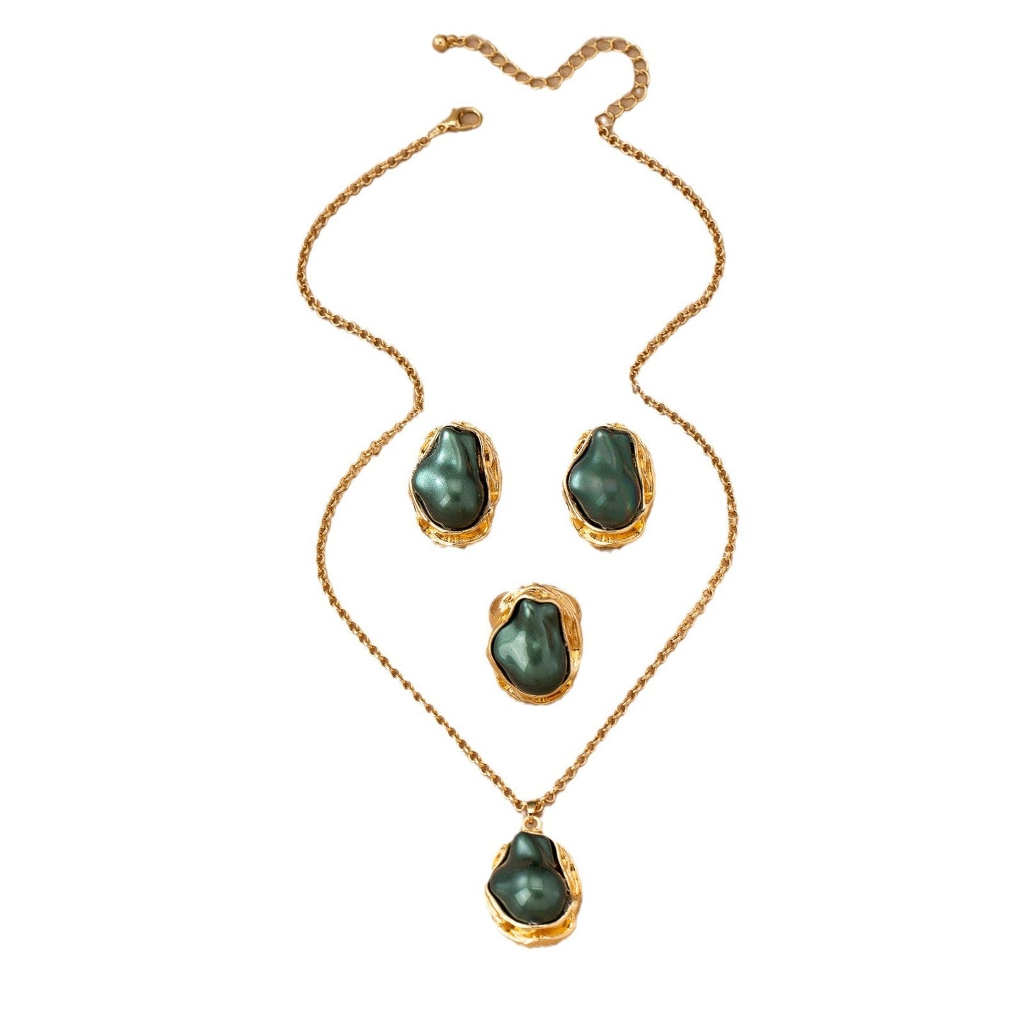 Retro Green Irregular Inlaid Imitation Pearl Necklace Ear Stud And Ring LadyShow.Store