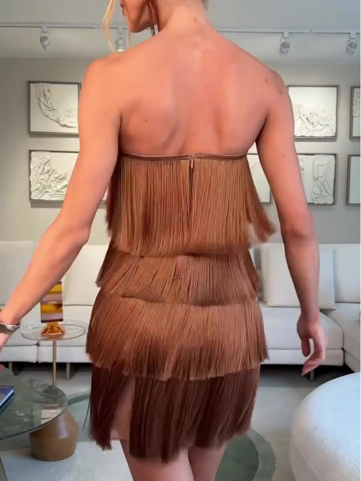 Brown Strapless Tiered Fringe Mini Dress NorixaFashion.com