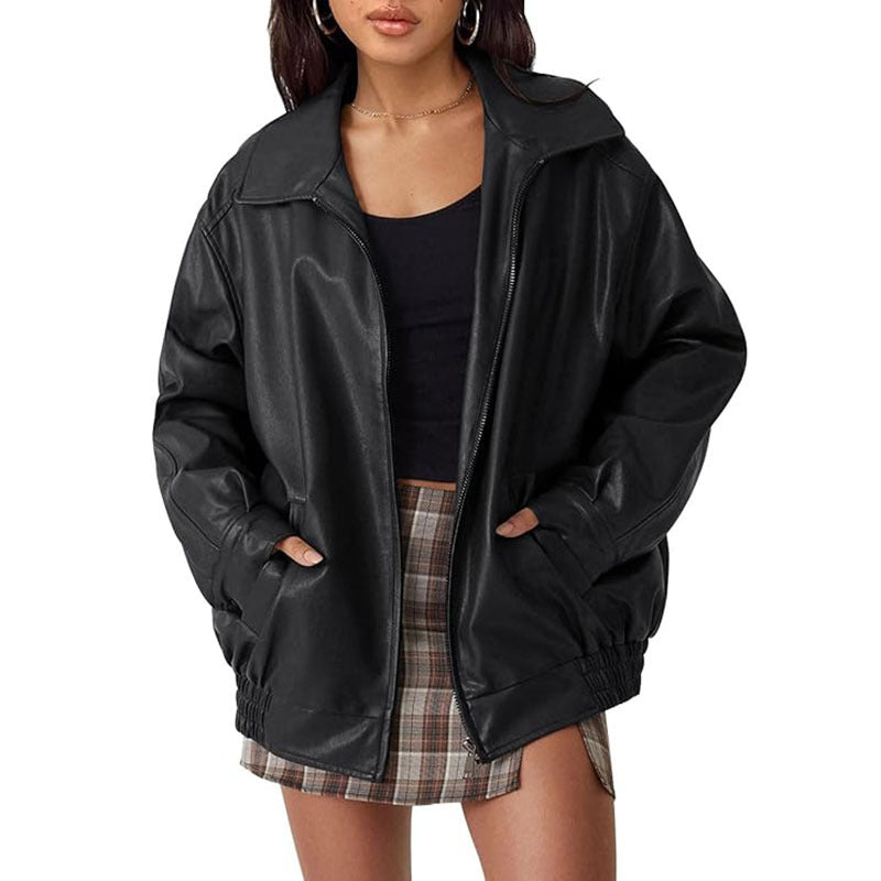 Spring And Autumn European And American Leather Jacket Locomotive Style Loose Top Coat Women LadyShow.Store