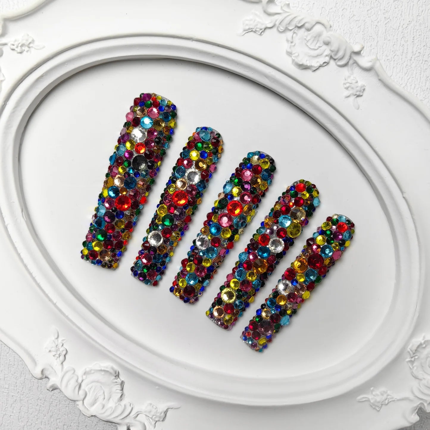 GGddsha Long Nail Designs Reusable PMMA AcrylicBaroque Glass Style Press-on Nails With Box Gifts ForWomen,Mosaic Mirage