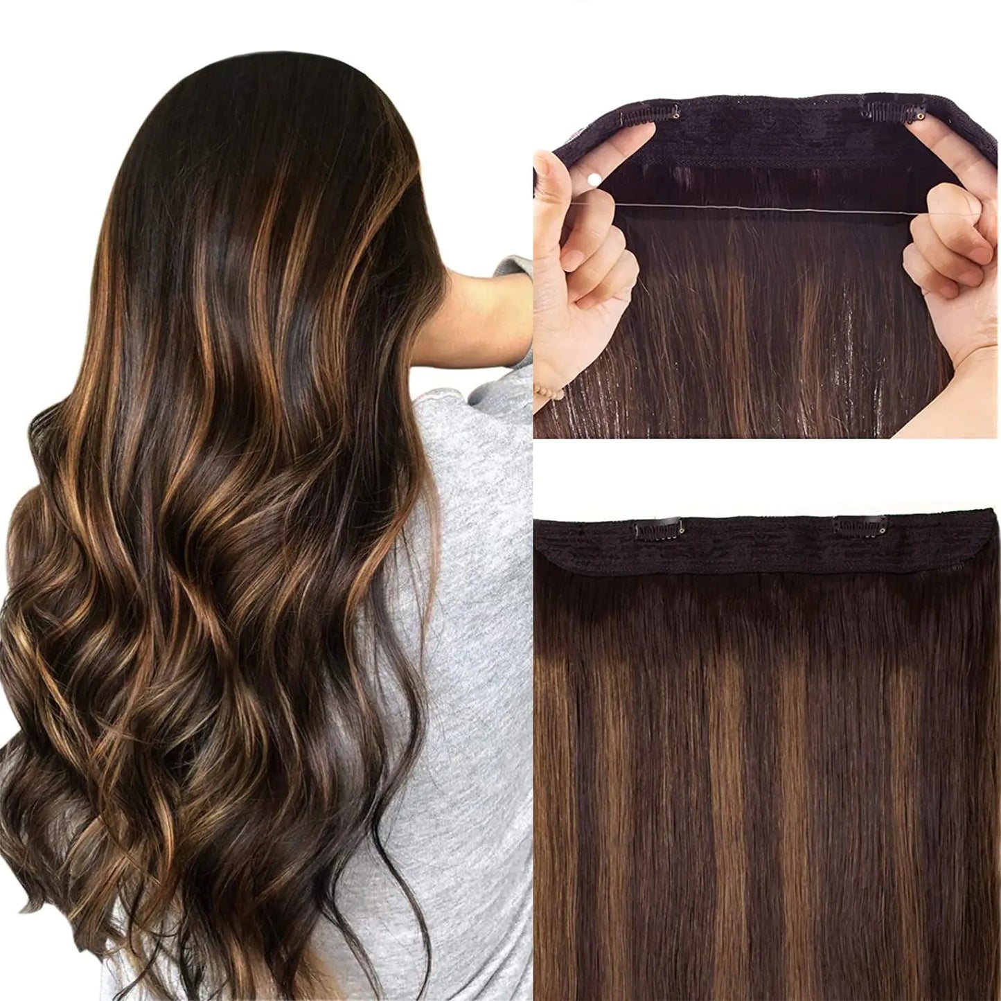 Star Show Wire Hair Extensions Real Human Hair Straight Hair Extensions Dark Brown Mixed Chestnut Brown Invisible Wire Fish Line Hair Extensions Straight Human Hair Extensions 16 inch