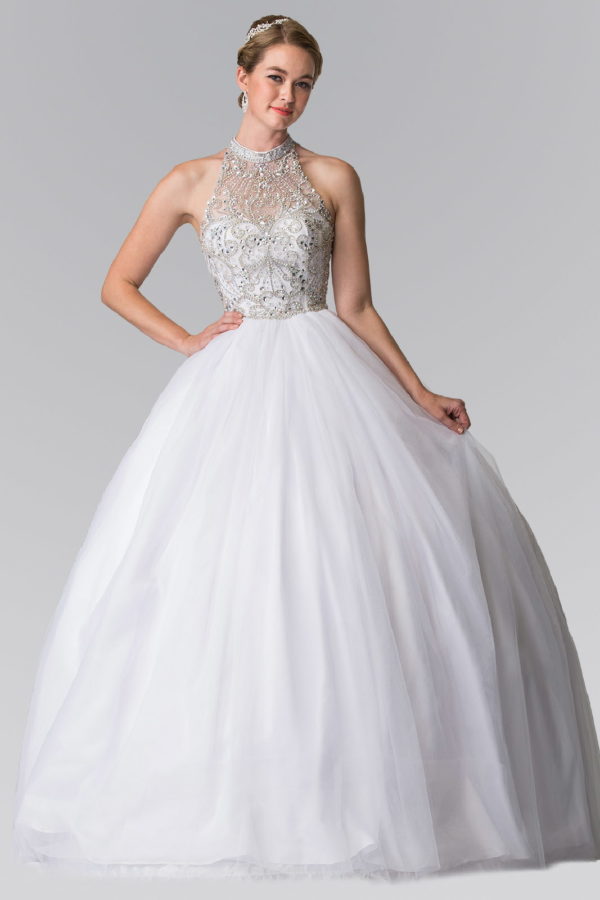 Mesh High Neck Quinceanera Dress with Beaded Bodice and Corset Back LuxuryLifeWay Online Store