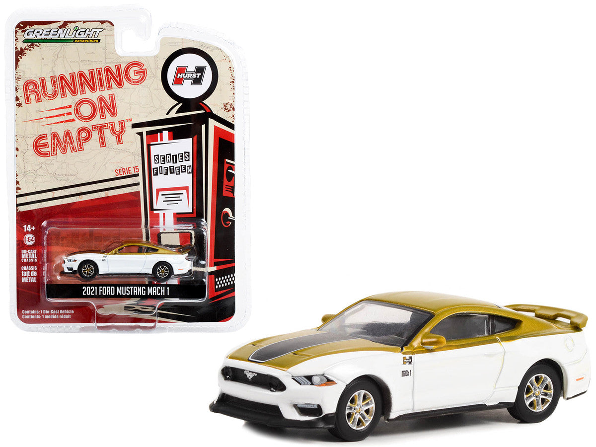 2021 Ford Mustang Mach 1 White and Gold with Black Stripe "Hurst Performance" "Running on Empty" Series 15 1/64 Diecast Model Car by Greenlight LuxuryLifeWay Online Store