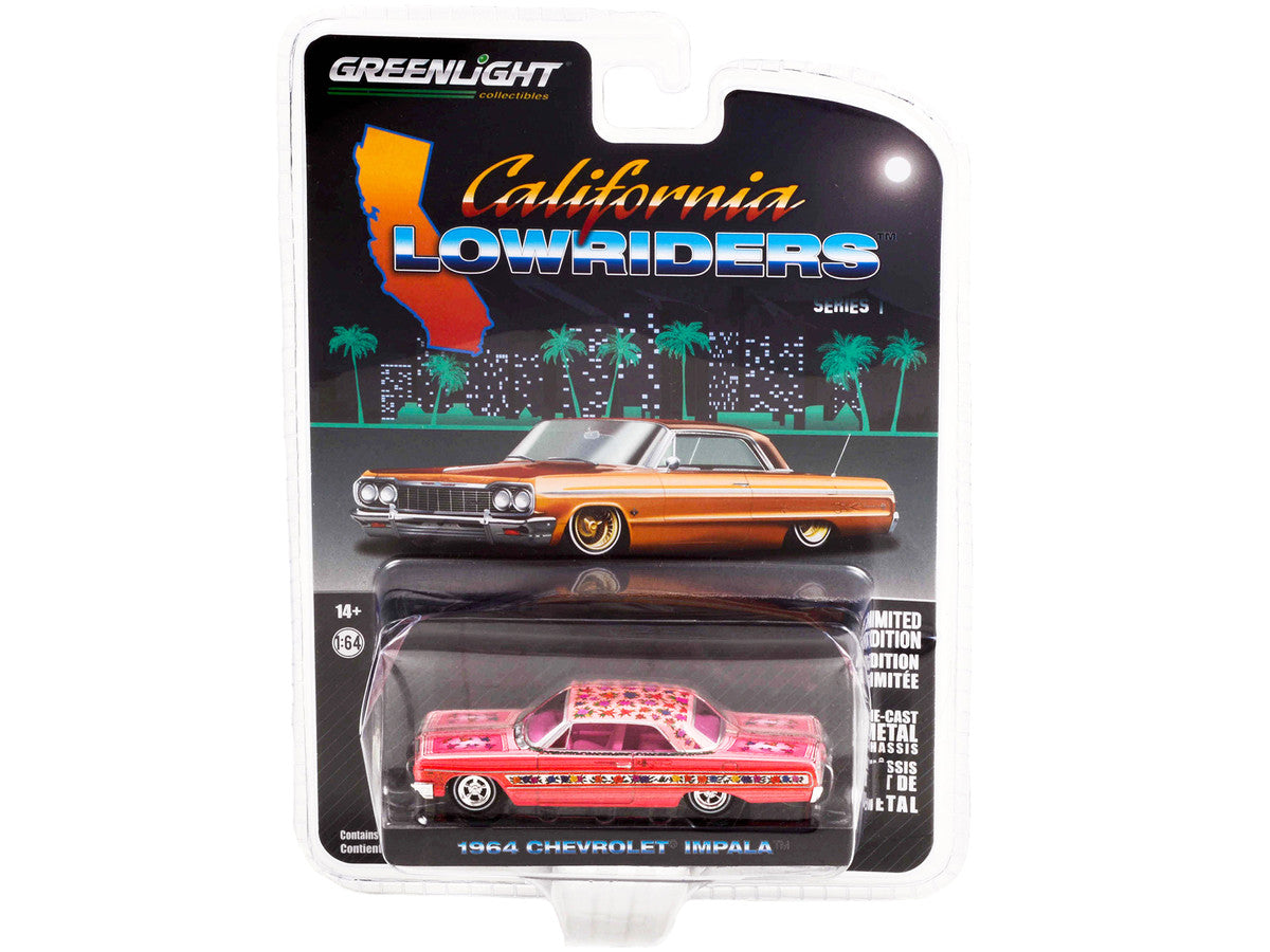 1964 Chevrolet Impala Lowrider Pink Metallic with Rose Graphics and Pink Interior "California Lowriders" Release 1 1/64 Diecast Model Car by Greenlight LuxuryLifeWay Online Store