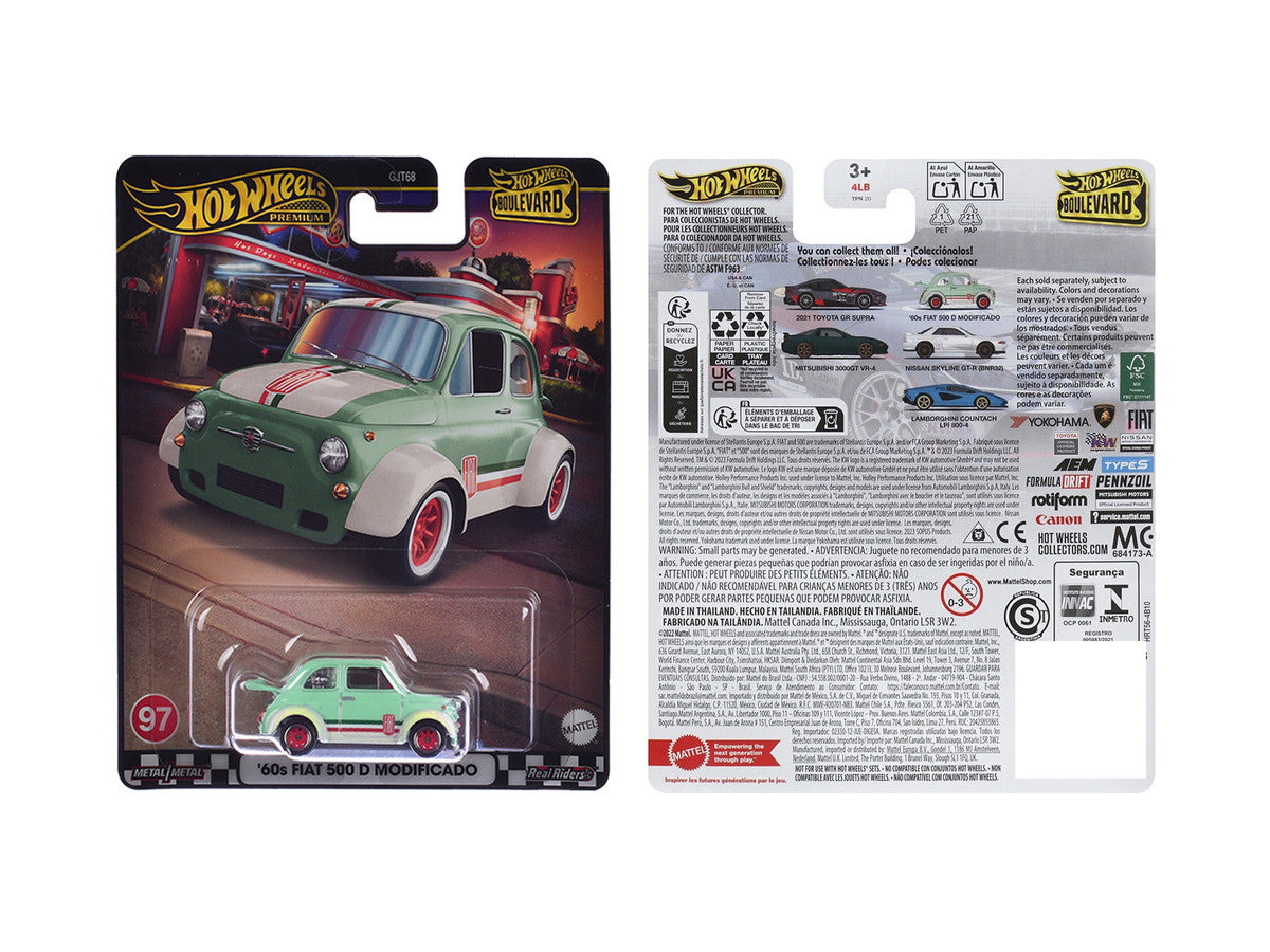 1960's Fiat 500 D Modificado Light Green with Stripes "Boulevard" Series Diecast Model Car by Hot Wheels LuxuryLifeWay Online Store