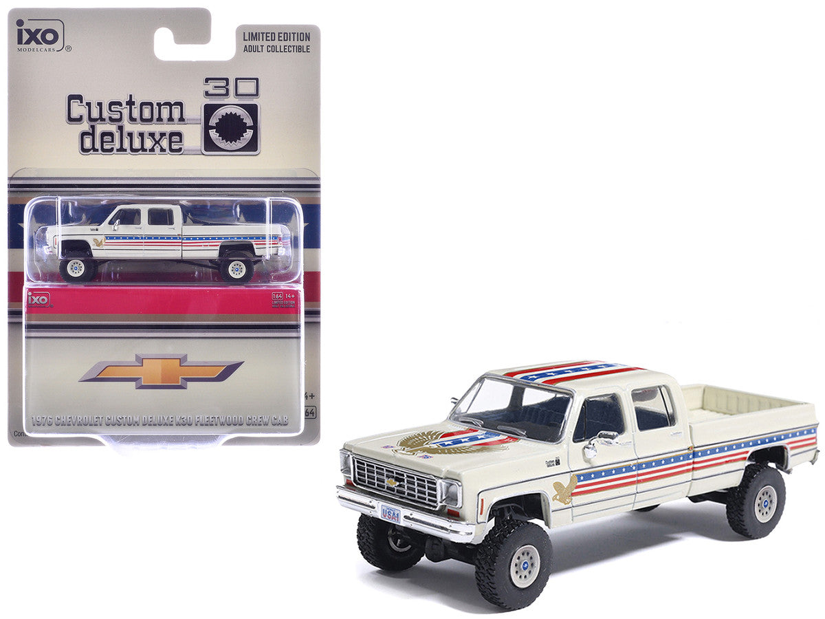 1976 Chevrolet Custom Deluxe K30 Fleetwood Pickup Truck "July 4th Exclusive" White with Graphics 1/64 Diecast Model Car by IXO Models LuxuryLifeWay Online Store