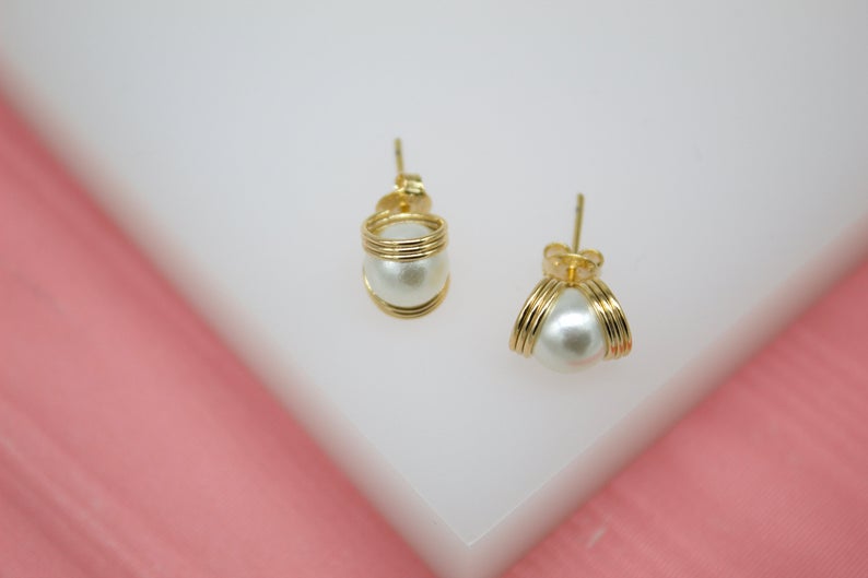 18K Gold Filled Pearl Stud Earrings With Golden Rings LuxuryLifeWay Online Store