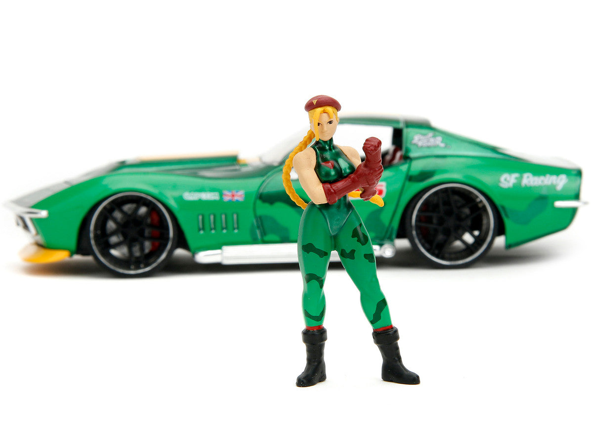 1969 Chevrolet Corvette Stingray ZL1 Green Metallic with Yellow Stripes and Cammy Diecast Figure "Street Fighter" Video Game "Anime Hollywood Rides" Series 1/24 Diecast Model Car by Jada LuxuryLifeWay Online Store