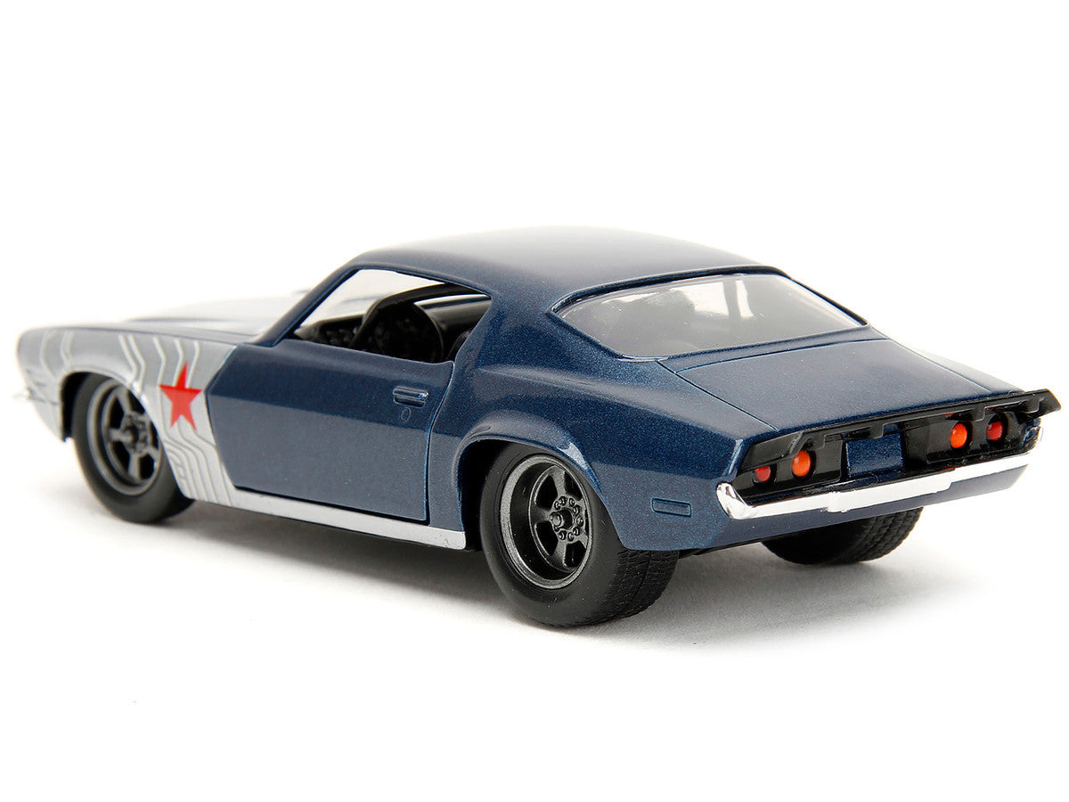 1973 Chevrolet Camaro Dark Blue Metallic with Gray Stripes and Winter Soldier Diecast Figure "Marvel Avengers" "Hollywood Rides" Series 1/32 Diecast Model Car by Jada LuxuryLifeWay Online Store