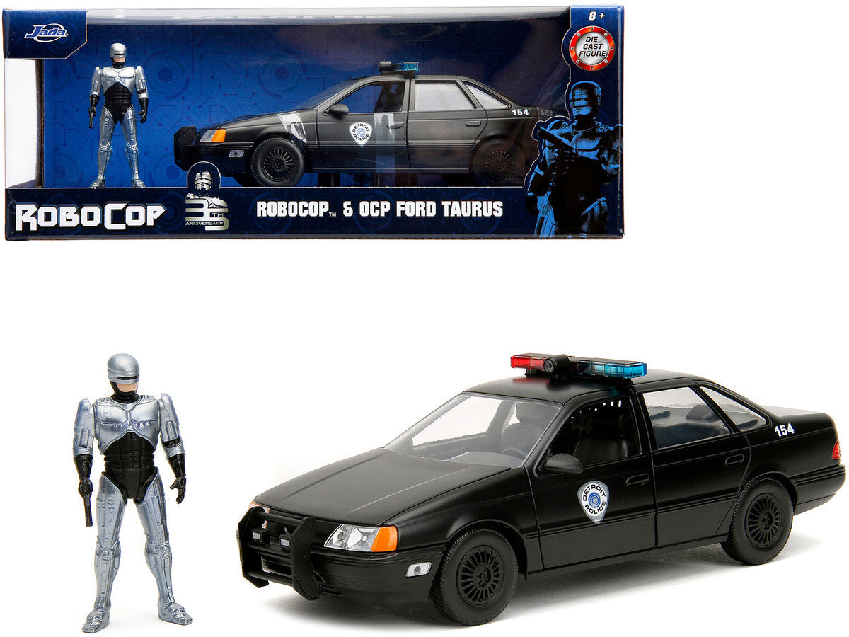 Ford Taurus OCP Matt Black "Detroit Police" and Robocop Diecast Figure 35th Anniversary "Robocop" (1987) Movie "Hollywood Rides" Series 1/24 Diecast Model Car by Jada LuxuryLifeWay Online Store