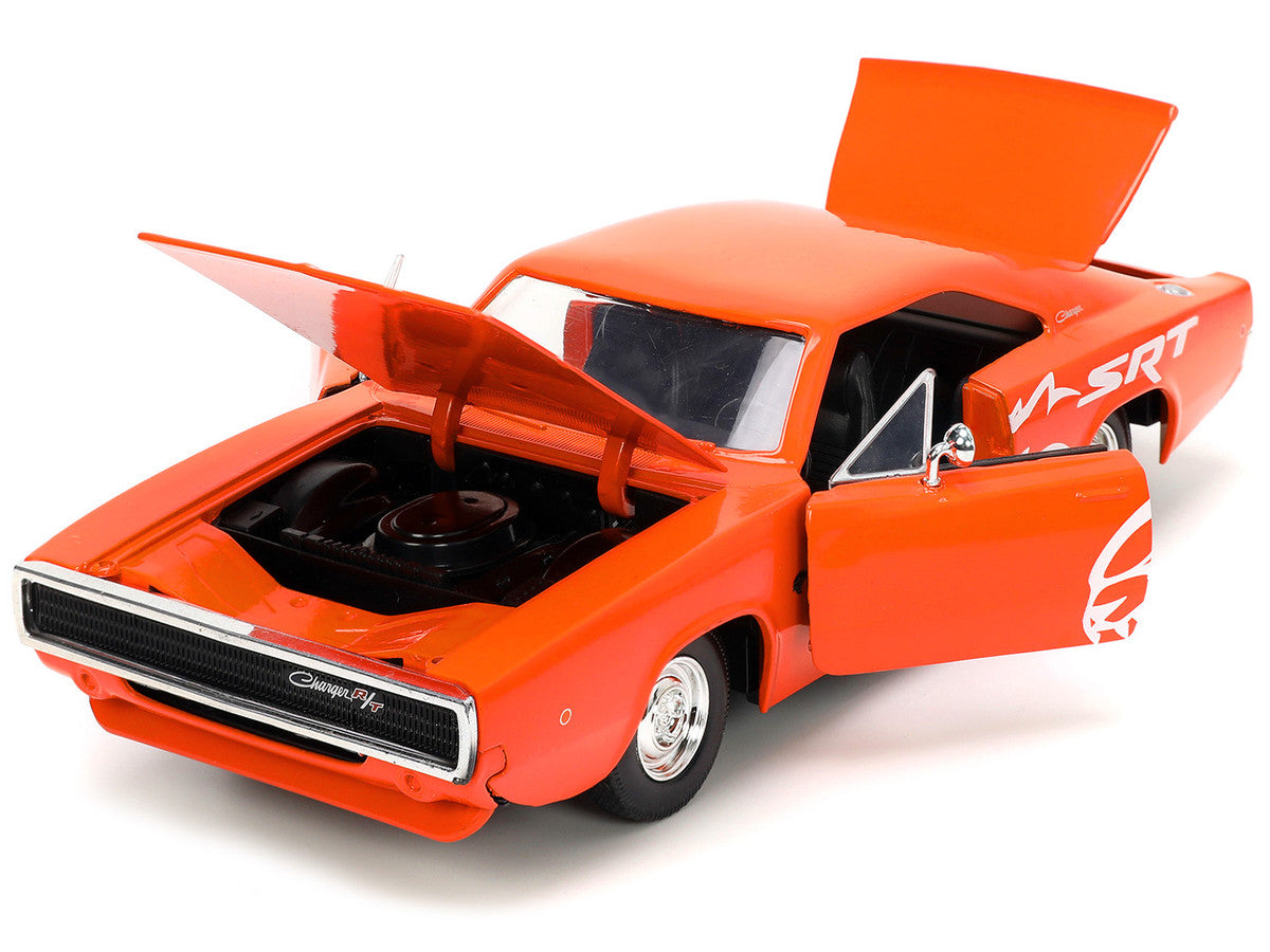 1968 Dodge Charger R/T SRT Orange with White Stripes and Graphics "Bigtime Muscle" Series 1/24 Diecast Model Car by Jada LuxuryLifeWay Online Store