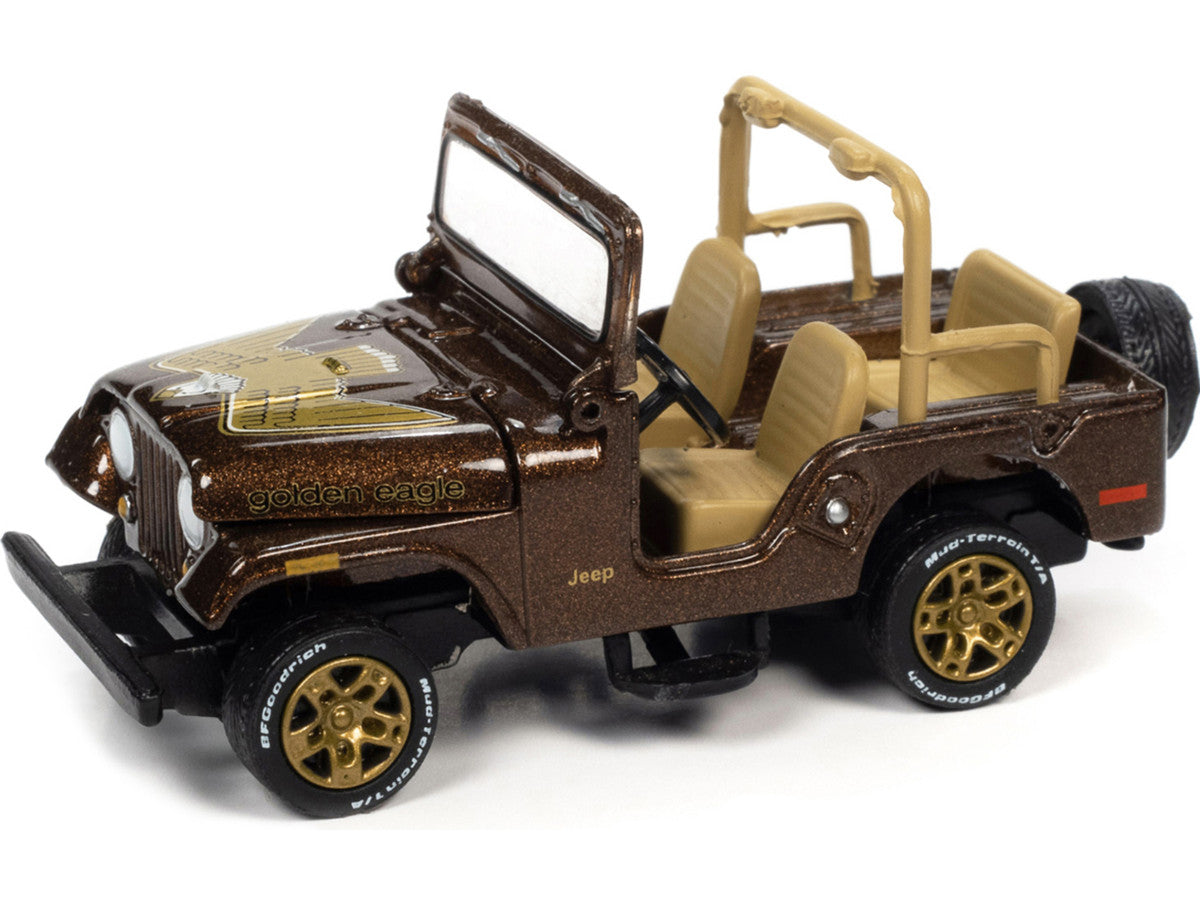 Jeep CJ-5 Mocha Brown Metallic with Golden Eagle Graphics "Classic Gold Collection" Series Limited Edition to 7418 pieces Worldwide 1/64 Diecast Model Car by Johnny Lightning LuxuryLifeWay Online Store