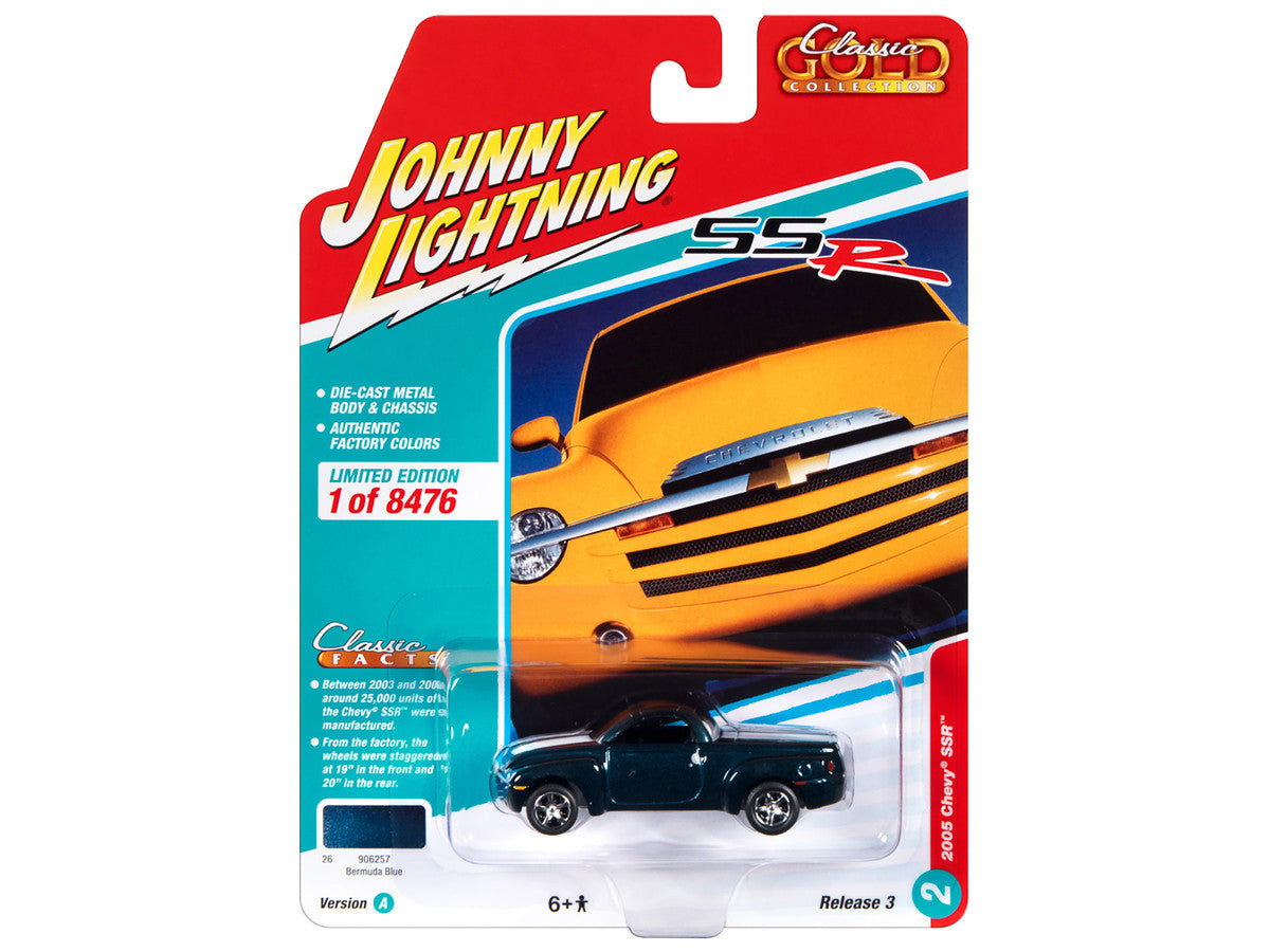 2005 Chevrolet SSR Pickup Truck Bermuda Blue Metallic with White Stripes "Classic Gold Collection" Series Limited Edition to 8476 pieces Worldwide 1/64 Diecast Model Car by Johnny Lightning LuxuryLifeWay Online Store