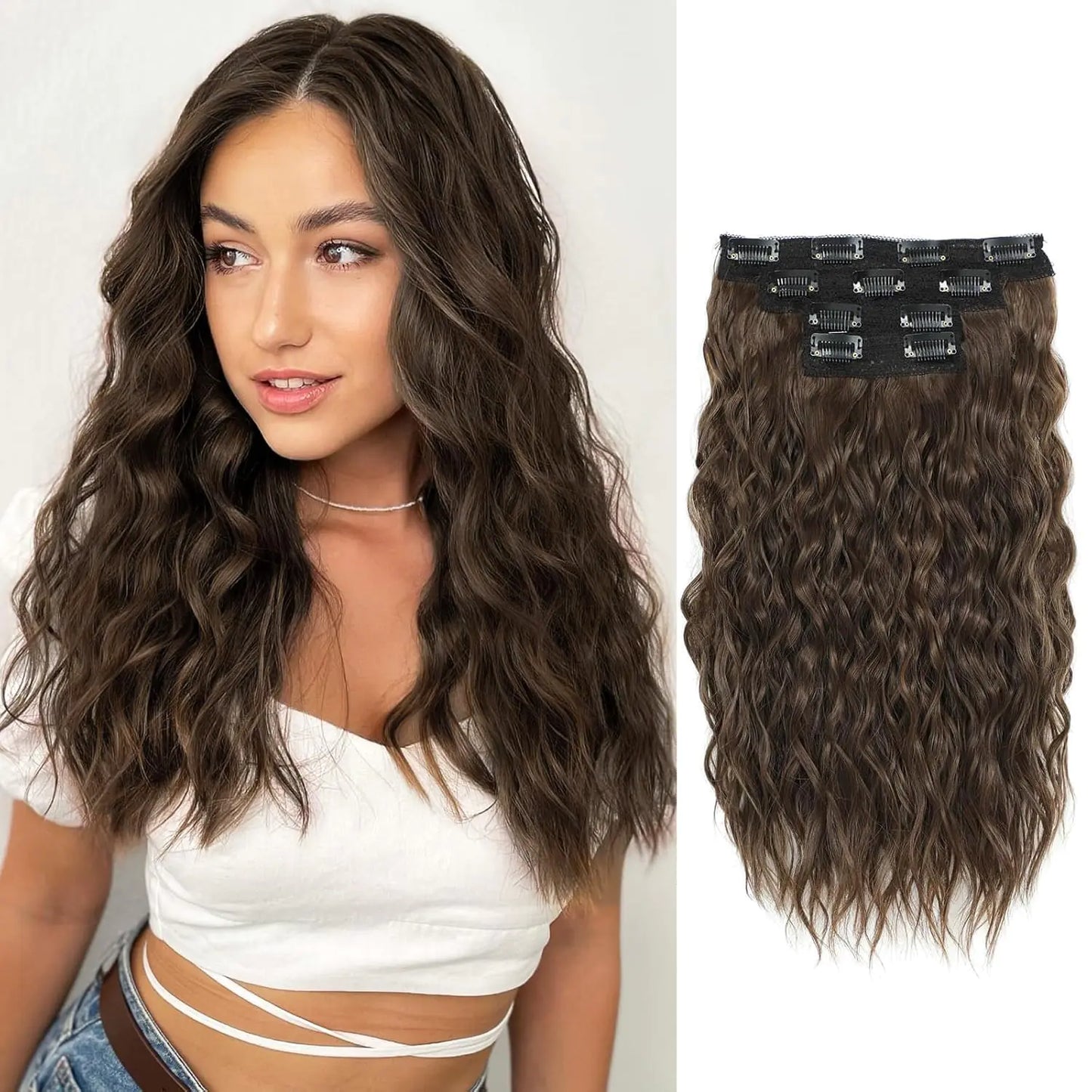 MORICHY Clip in Hair Extensions Clip ins Wavy Curly Clip in Hair Extensions Mermaid Waves Seamless Clip in Hair Extensions 4PCS Brown Hair Extensions 16 Synthetic Hair Pieces for Women