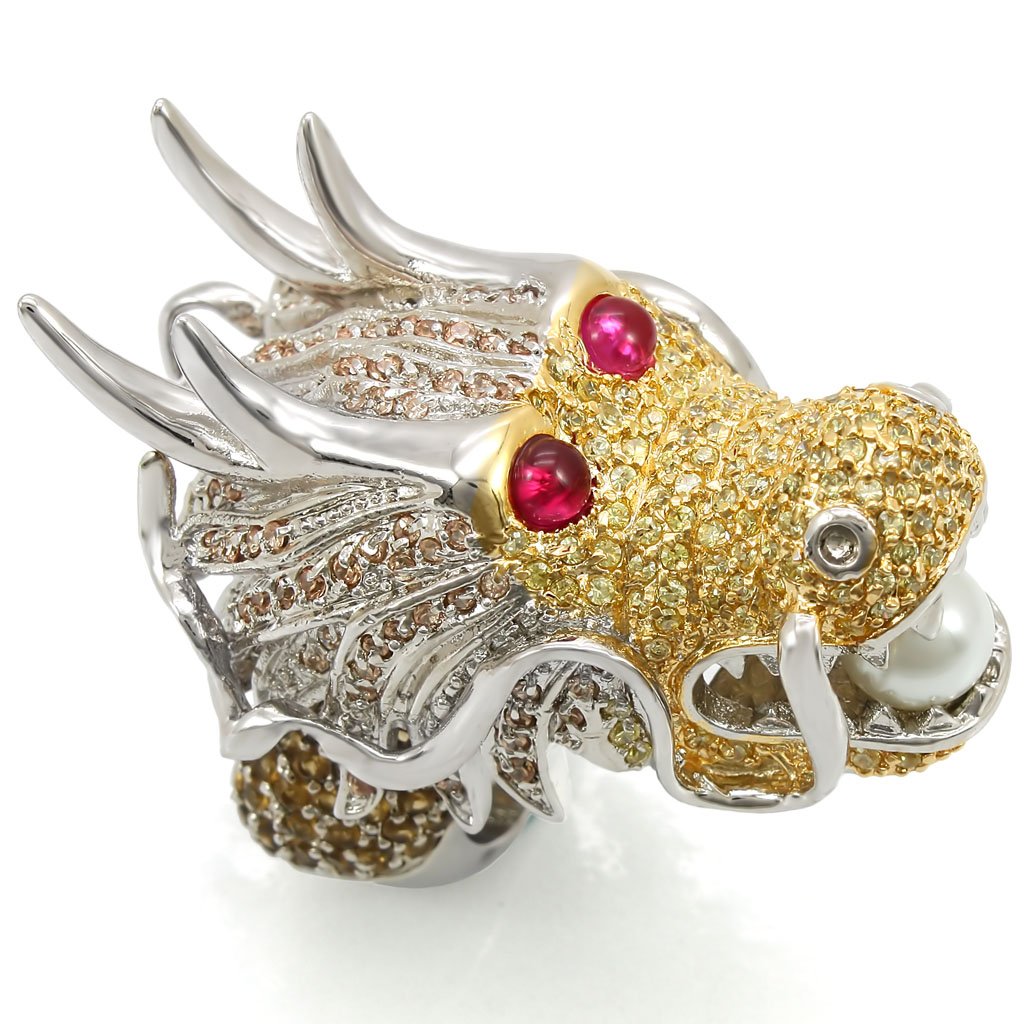 LO1353 - Reverse Two-Tone Brass Ring with Synthetic Glass Bead in White LuxuryLifeWay Online Store