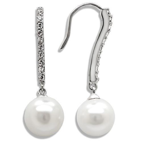 LO1565 - Rhodium Brass Earrings with Synthetic Pearl in White LuxuryLifeWay Online Store