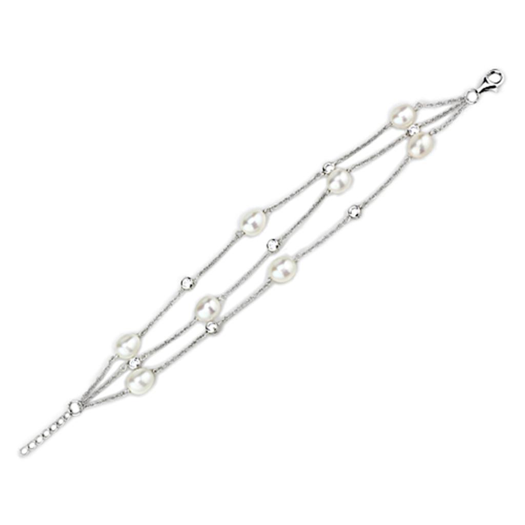 LOS781 - Rhodium 925 Sterling Silver Bracelet with Synthetic Pearl in White LuxuryLifeWay Online Store