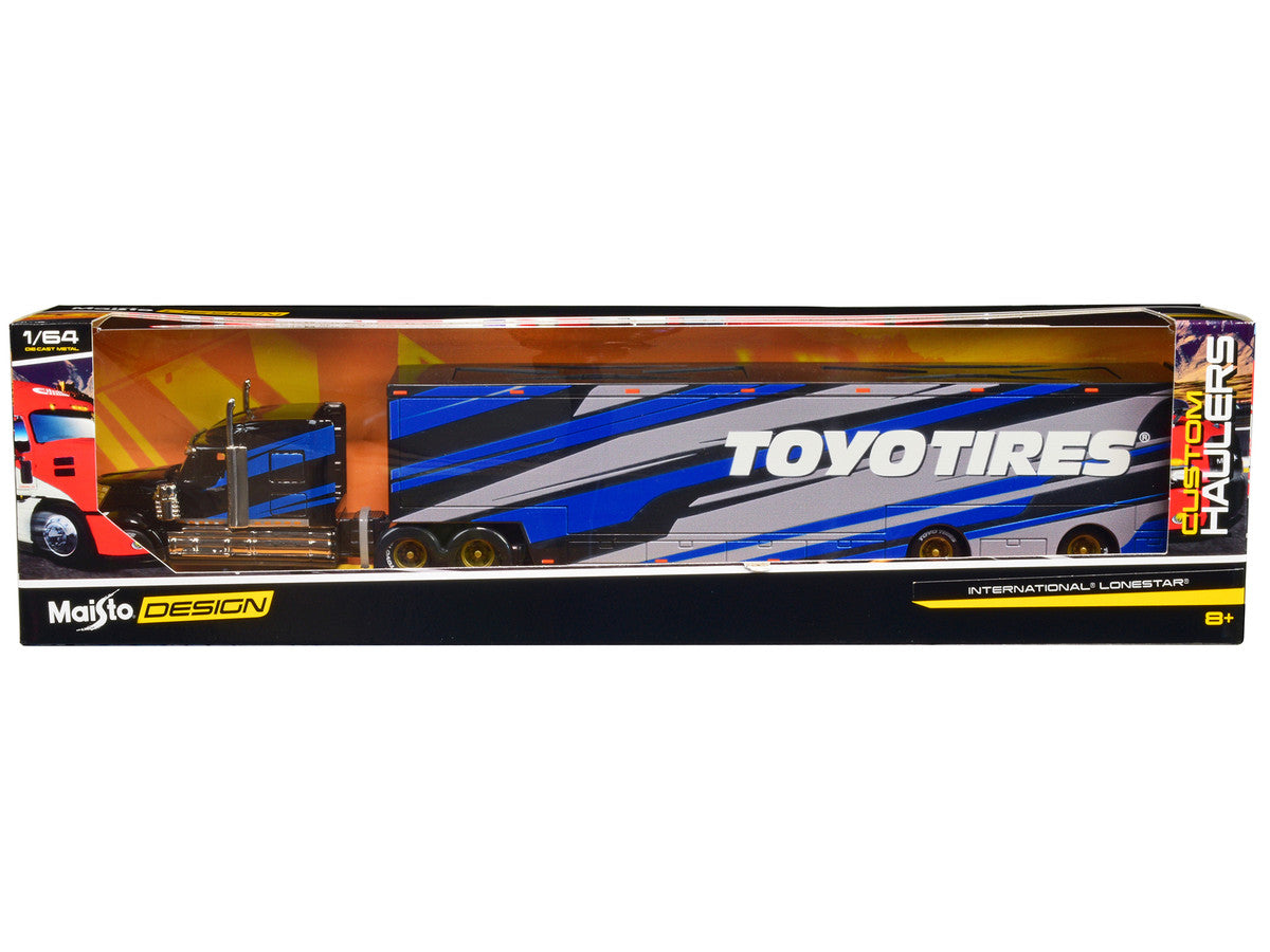 International LoneStar Enclosed Car Transporter "Toyo Tires" Black with Blue and Gray Stripes "Custom Haulers" Series 1/64 Diecast Model by Maisto LuxuryLifeWay Online Store