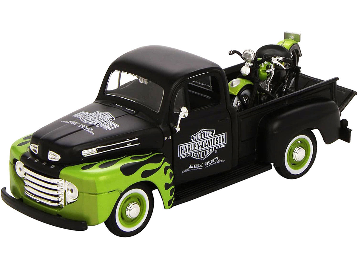 1948 Ford F-1 Pickup Truck "Harley Davidson" with 1948 Harley Davidson FL Panhead Motorcycle Black and Green 1/24 Diecast Models by Maisto LuxuryLifeWay Online Store