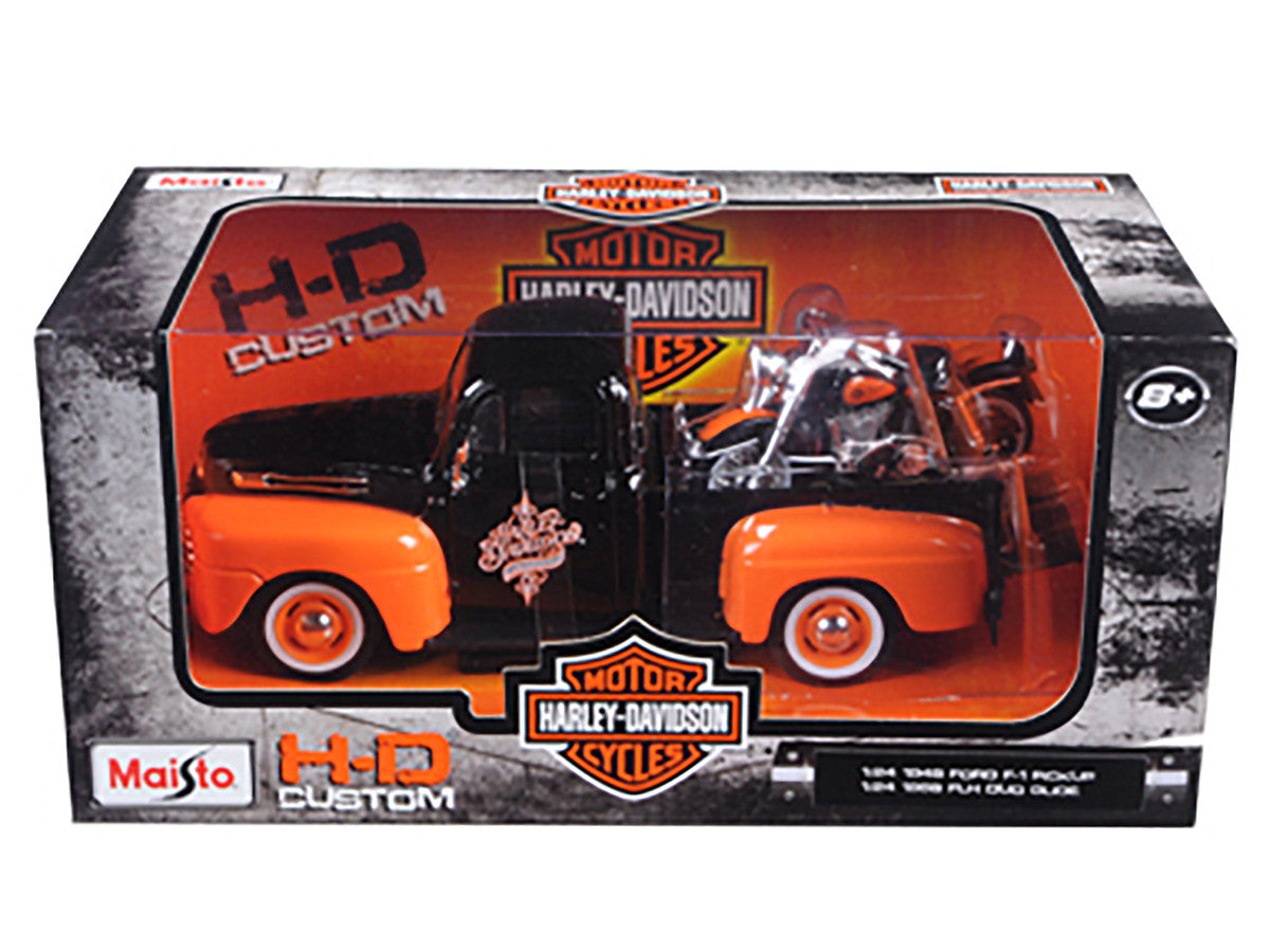 1948 Ford F-1 Pickup Truck with 1958 Harley Davidson FLH Duo Glide Motorcycle Orange and Black 1/24 Diecast Models by Maisto LuxuryLifeWay Online Store