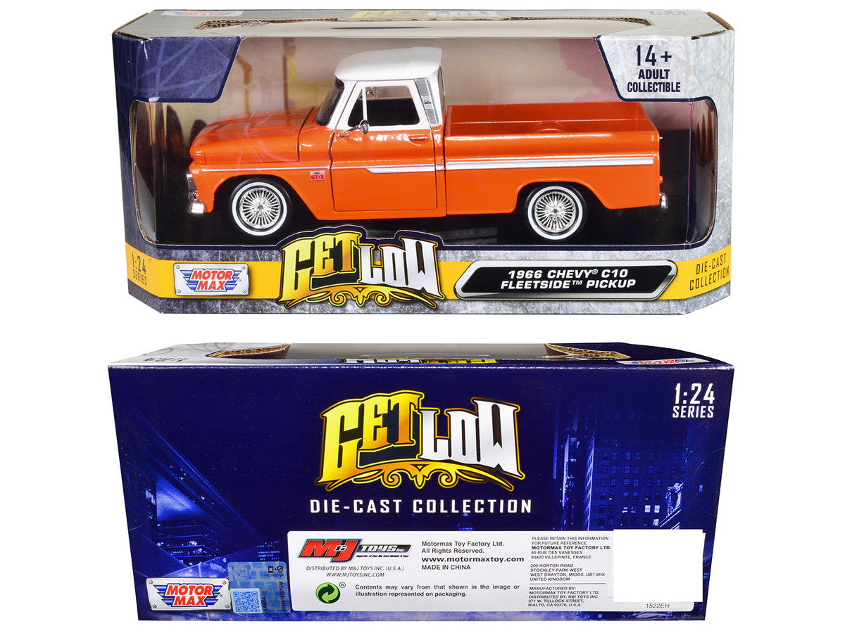 1966 Chevrolet C10 Fleetside Pickup Truck Lowrider Orange Metallic with White Top "Get Low" Series 1/24 Diecast Model Car by Motormax LuxuryLifeWay Online Store