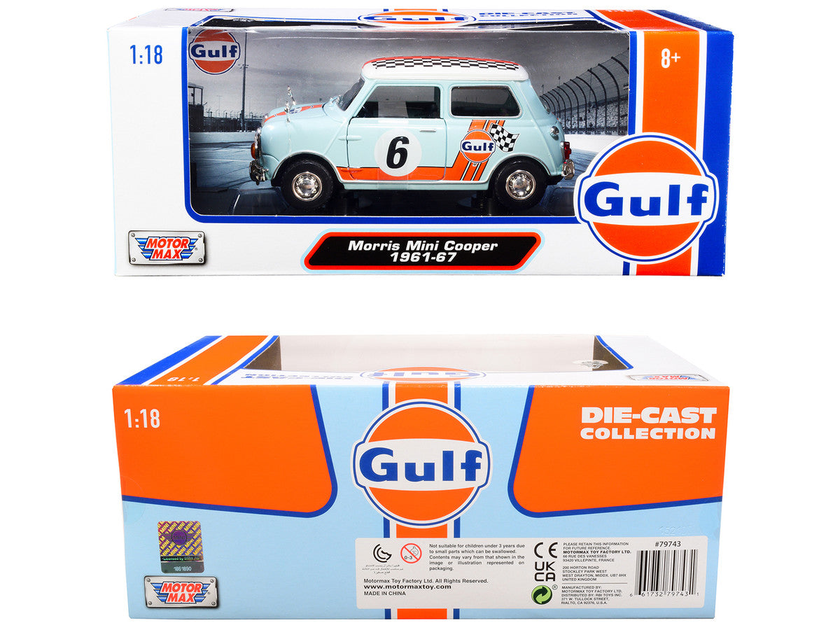 1961-1967 Morris Mini Cooper RHD (Right Hand Drive) #6 "Gulf Oil" Light Blue with Orange Stripes and Checkered Top "City Classics" Series 1/18 Diecast Model Car by Motormax LuxuryLifeWay Online Store