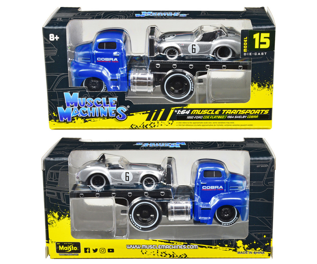 1950 Ford COE Flatbed Truck Blue "Cobra Powered by Ford" and 1964 Shelby Cobra #6 Silver Metallic with Stripes "Muscle Transports" Series 1/64 Diecast Model Cars by Muscle Machines LuxuryLifeWay Online Store