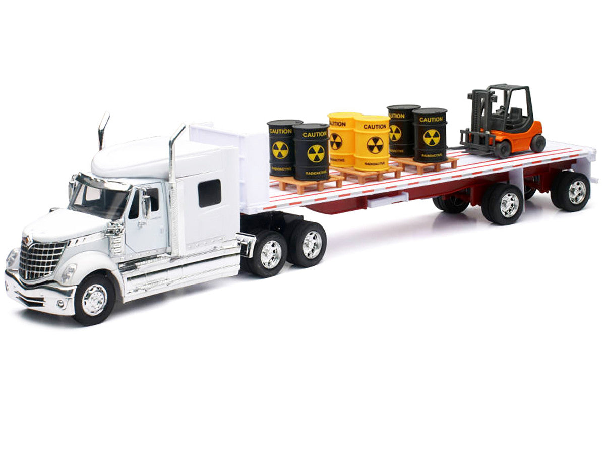 International Lonestar Flatbed Truck White with 6 Toxic Barrels 3 Pallets and Forklift "Long Haul Trucker" Series 1/32 Diecast Model by New Ray LuxuryLifeWay Online Store