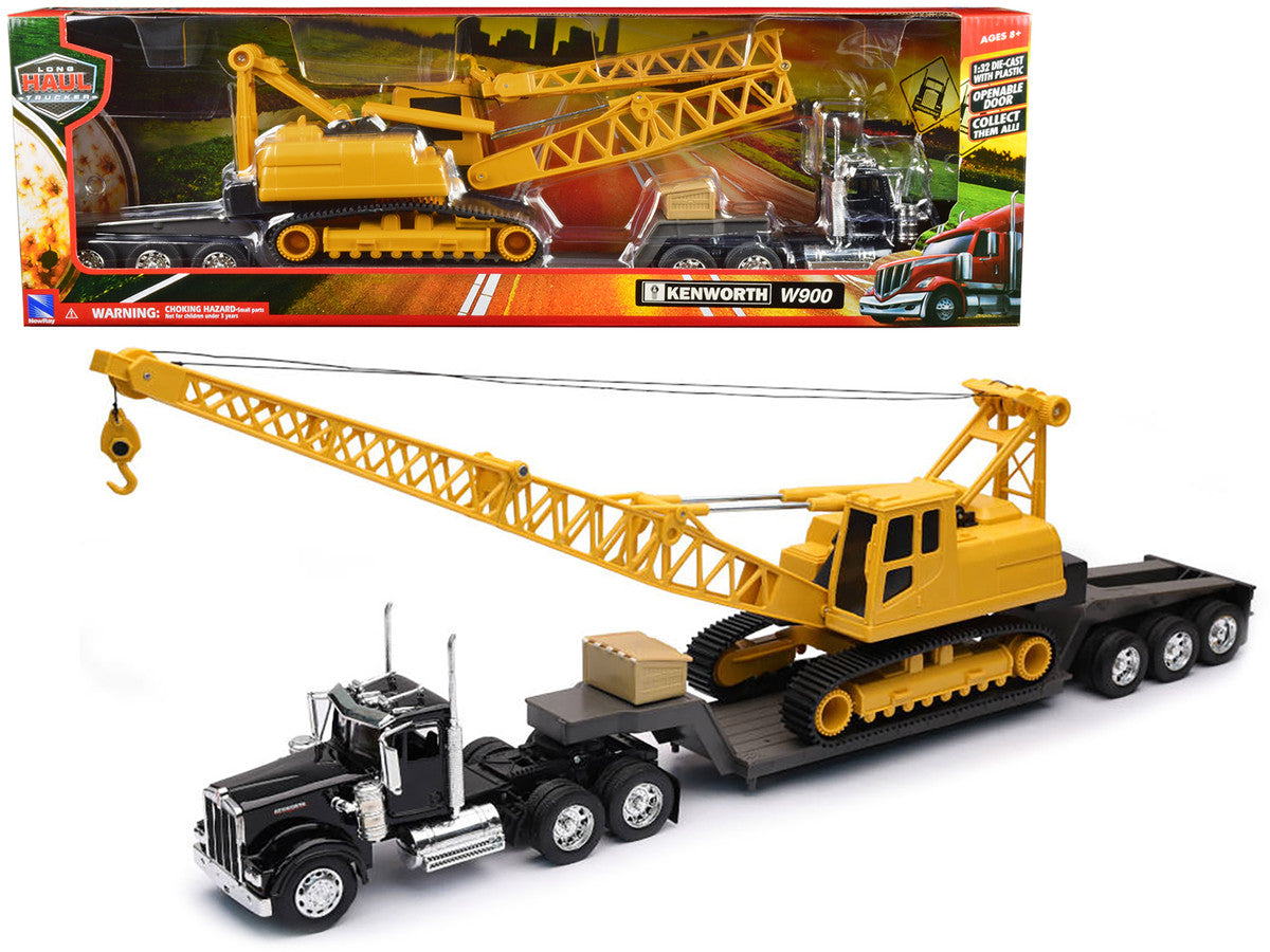 Kenworth W900 Truck with Lowboy Trailer Black and Crane Yellow "Long Haul Trucker" Series 1/32 Diecast Model by New Ray LuxuryLifeWay Online Store