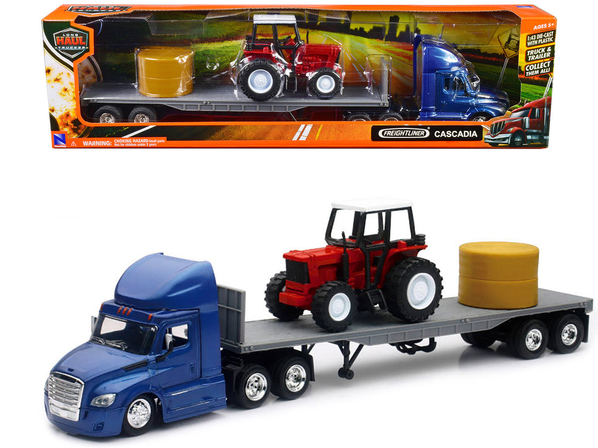 Freightliner Cascadia with Flatbed Trailer Blue with Farm Tractor Red and Hay Bales "Long Haul Trucker" Series 1/43 Diecast Model by New Ray LuxuryLifeWay Online Store