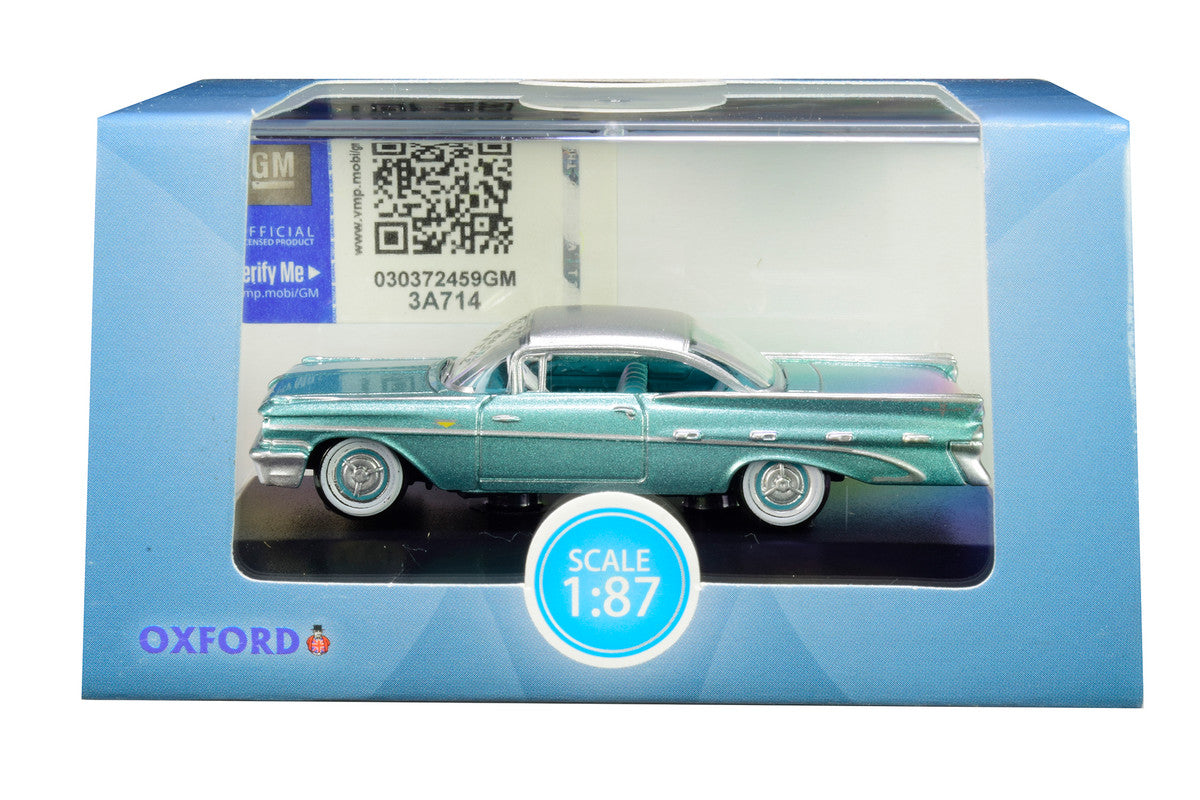 1959 Pontiac Bonneville Coupe Seaspray Green with Silver Top 1/87 (HO) Scale Diecast Model Car by Oxford Diecast LuxuryLifeWay Online Store