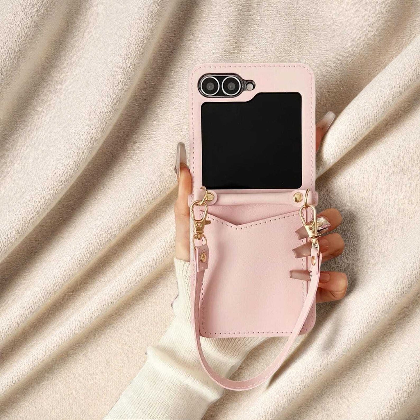 Luxury Leather Card Holder Case for Samsung Galaxy Z Flip 3 4 5 6 | Wrist Strap Folding Wallet Cover with Solid Color Design LuxuryLifeWay Online Store