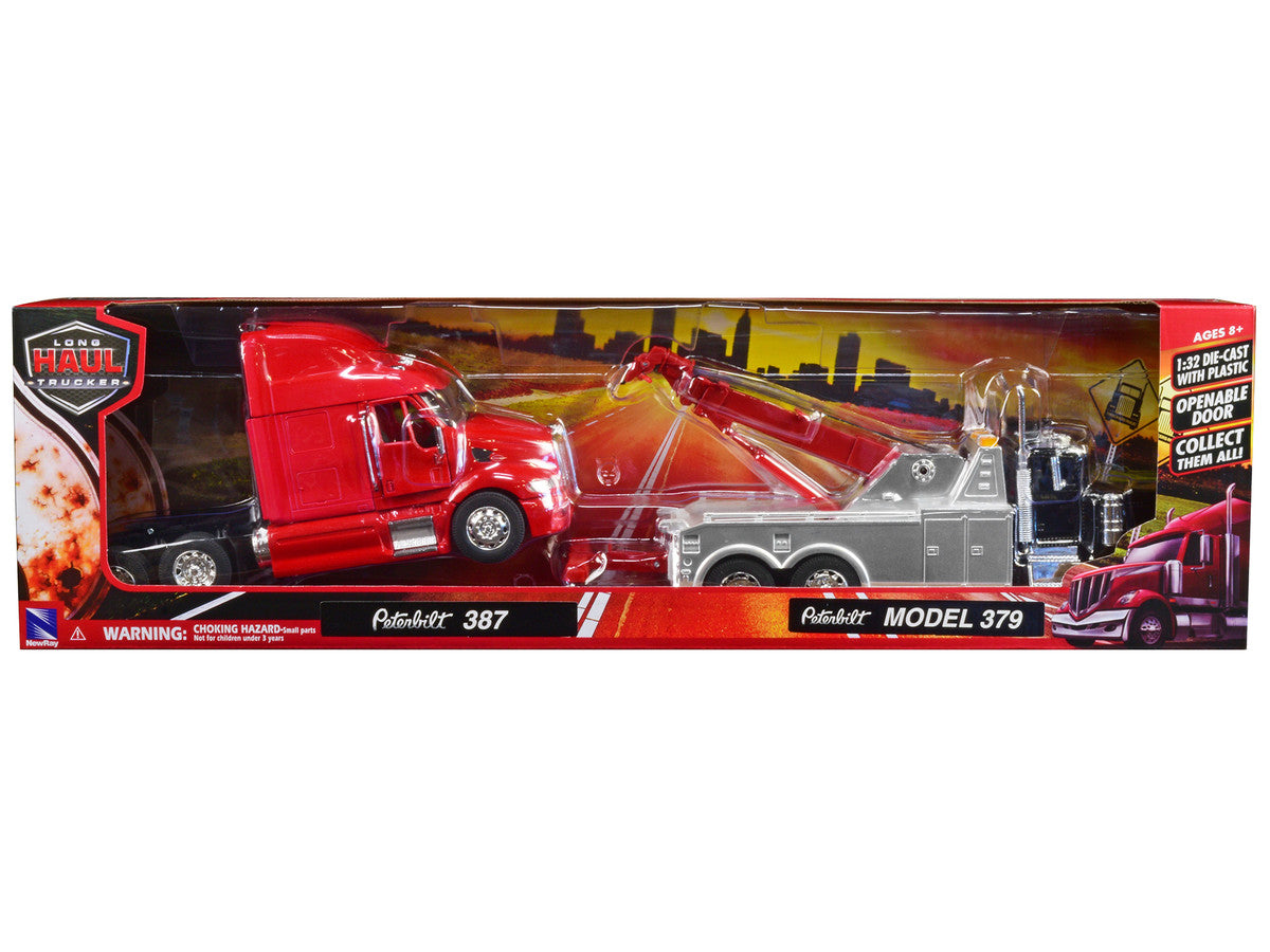 Peterbilt 379 Tow Truck Black with Peterbilt 387 Truck Tractor Red Set of 2 pieces 1/32 Diecast Model by New Ray LuxuryLifeWay Online Store