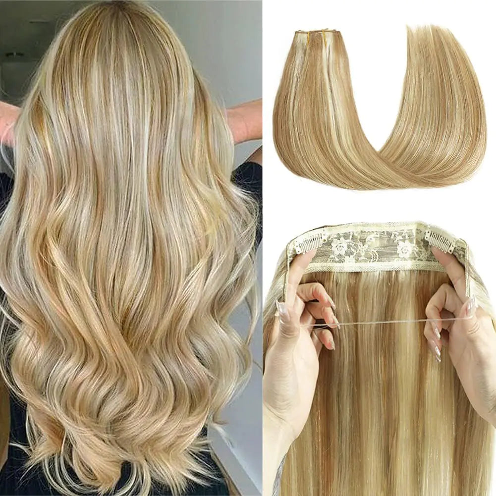 Hair Extensions 14 Inch Hair Extensions Real Human Hair Light Blonde to 613 Blonde Straight Hair Extensions Balayage Human Hair Extensions Hidden Wire Hair Extensions with Transparent Fish Line